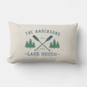 Family Name Lake House Oars Pine Trees Outdoor Lumbar Pillow