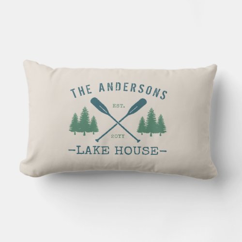 Family Name Lake House Oars Pine Trees Outdoor Lumbar Pillow