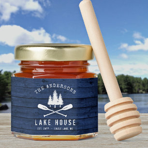 Family Name Lake House Oars Trees Blue Wood Print Honey Jar Favors