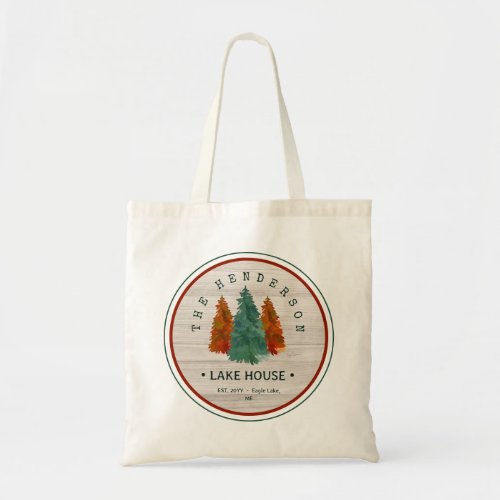 Family Name Lake House Pine Tree wood background Tote Bag