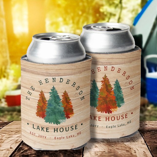 Family Name Lake House Pine Tree wood Personalized Can Cooler (Creator Uploaded)