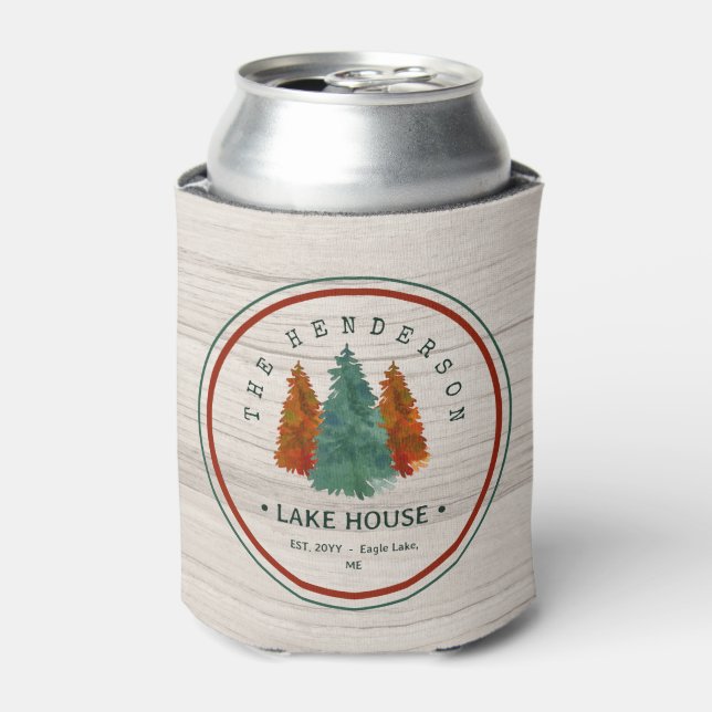 Family Name Lake House Pine Tree wood Personalized Can Cooler (Can Front)