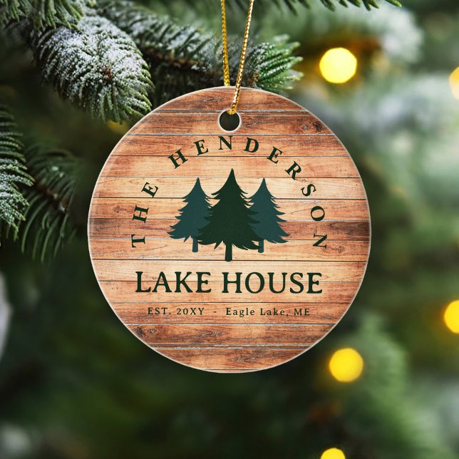 Family Name Lake House Pine Tree wood Personalized Ceramic Ornament (Creator Uploaded)