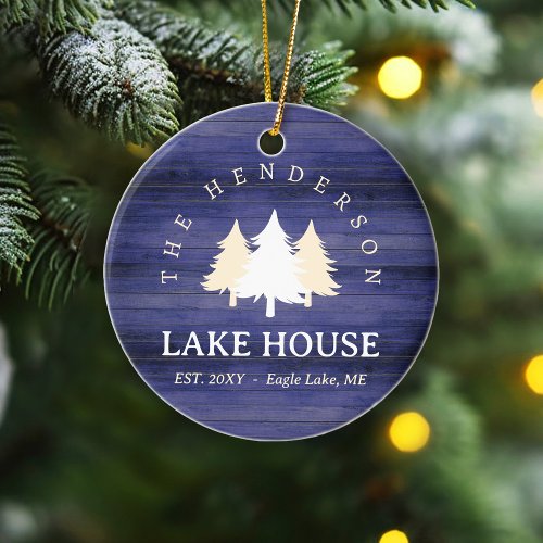 Family Name Lake House Pine Tree wood Personalized Ceramic Ornament