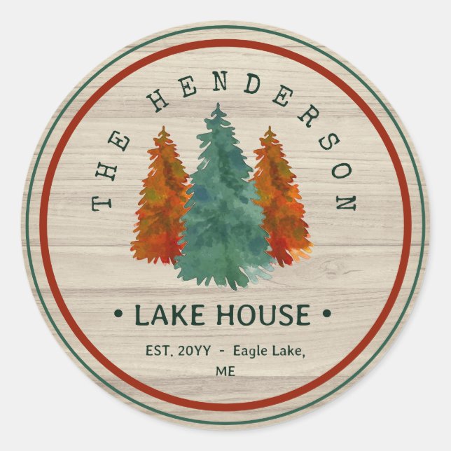 Family Name Lake House Pine Tree wood Personalized Classic Round Sticker (Front)