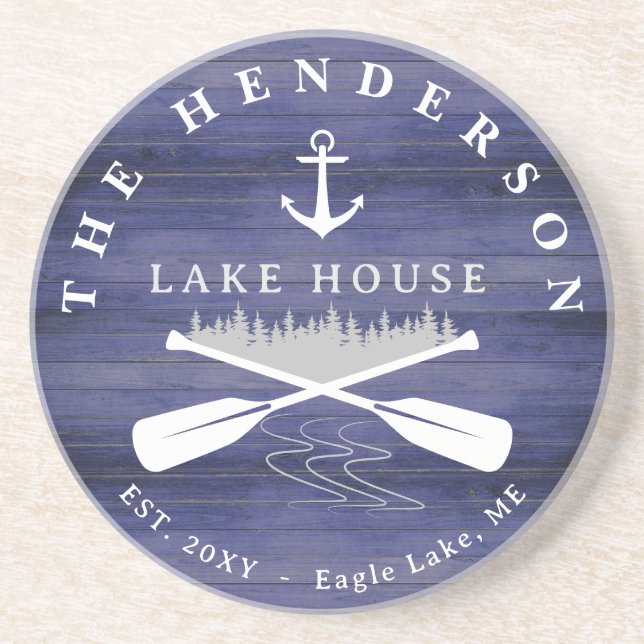 Family Name Lake House Pine Tree wood Personalized Coaster (Front)