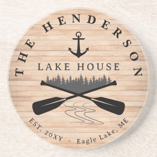 Family Name Lake House Pine Tree wood Personalized Coaster