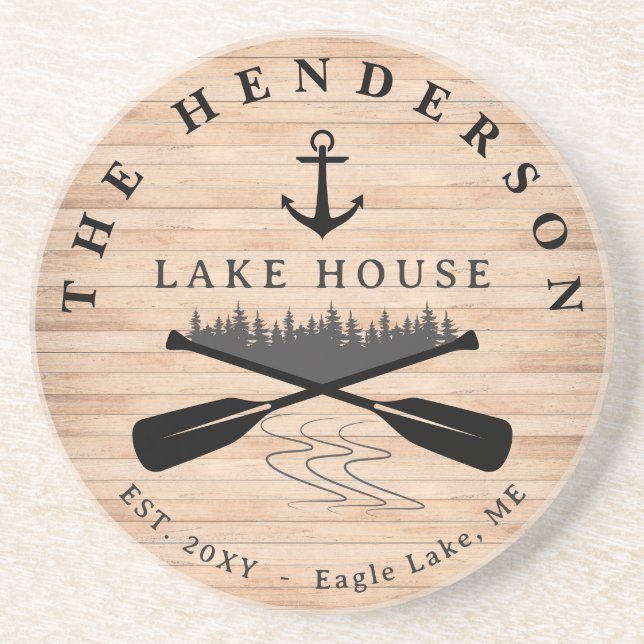 Family Name Lake House Pine Tree wood Personalized Coaster (Front)