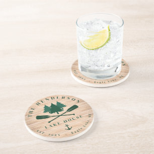 Family Name Lake House Pine Tree wood Personalized Coaster