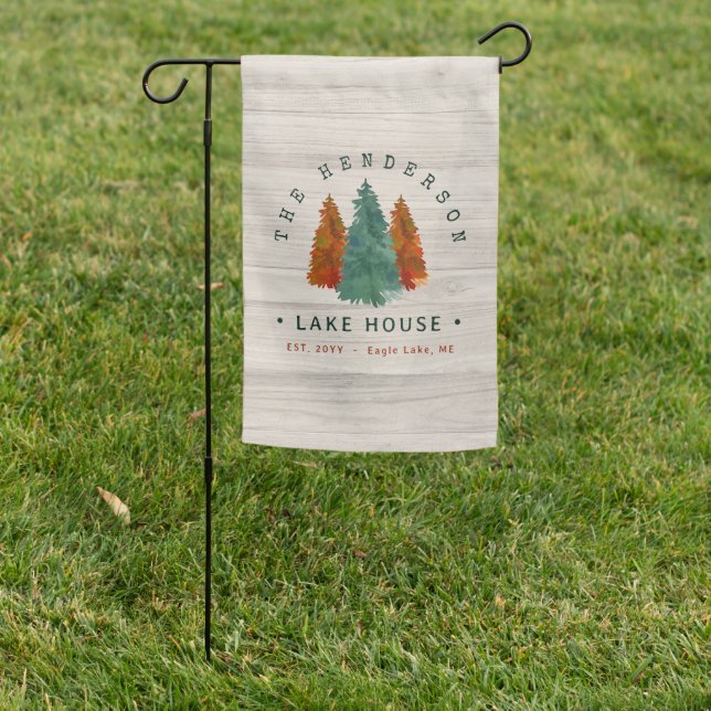 Family Name Lake House Pine Tree wood Personalized Garden Flag (In SItu)