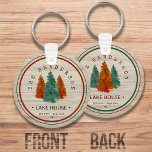 Family Name Lake House Pine Tree wood Personalized Keychain<br><div class="desc">This Retro family reunion design is perfect for dads and grandparents to wear during a camping in the woods or a mountain trip. The design features Pine trees and a bear against a beautiful sunset, creating a cool look for all the men, women and kids in the group to match....</div>