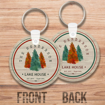 Family Name Lake House Pine Tree Wood Personalized Keychain by Outdoorsouvenir at Zazzle