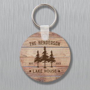 Family Name Lake House Pine Tree wood Personalized Keychain