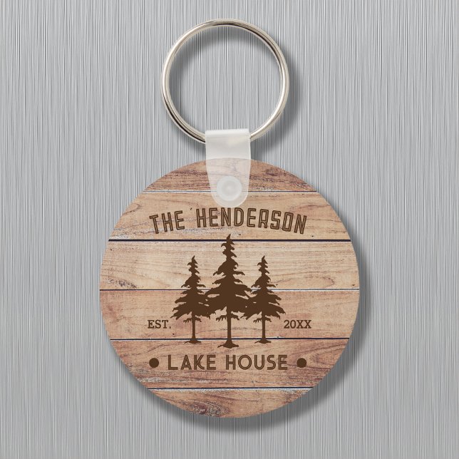 Family Name Lake House Pine Tree wood Personalized Keychain (Creator Uploaded)