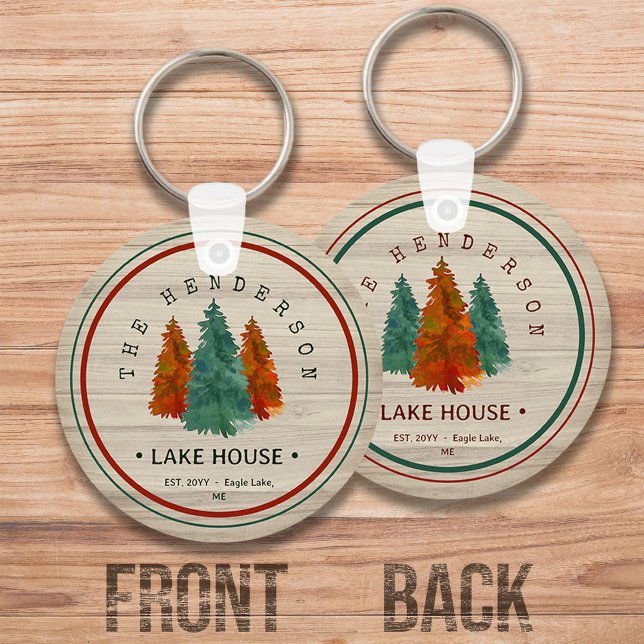 Family Name Lake House Pine Tree wood Personalized Keychain (Creator Uploaded)