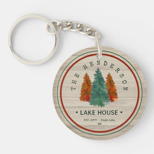 Family Name Lake House Pine Tree wood Personalized Keychain (Front)
