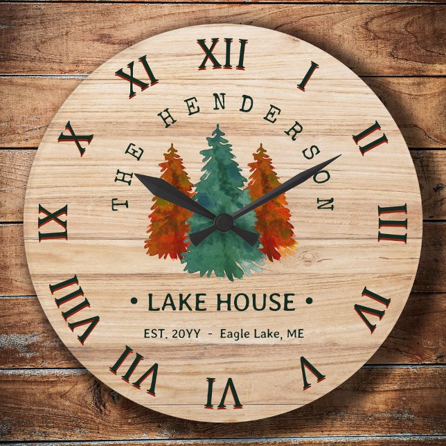 Family Name Lake House Pine Tree wood Personalized Large Clock (Creator Uploaded)