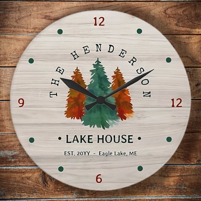Family Name Lake House Pine Tree wood Personalized Large Clock (Creator Uploaded)