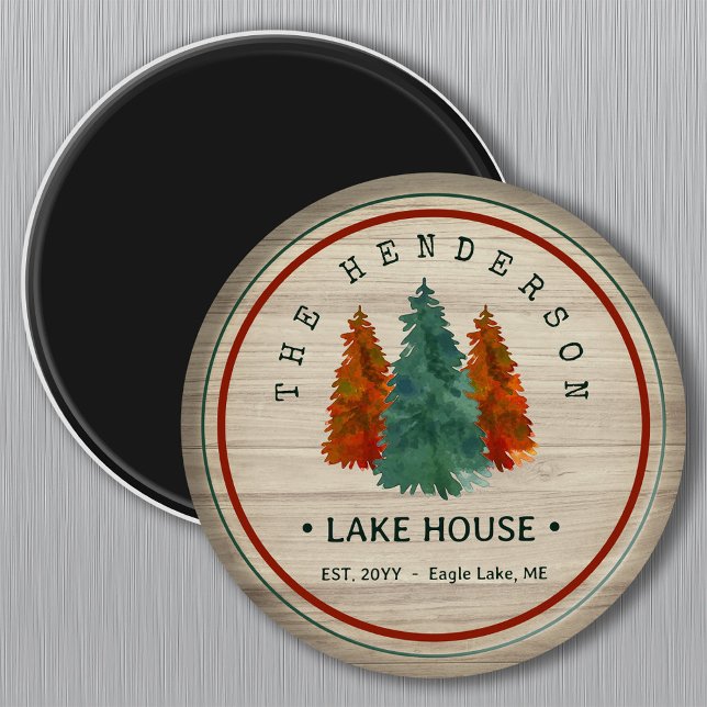 Family Name Lake House Pine Tree wood Personalized Magnet (Creator Uploaded)