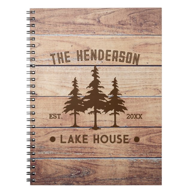 Family Name Lake House Pine Tree wood Personalized Notebook (Front)