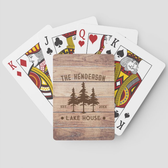 Family Name Lake House Pine Tree wood Personalized Poker Cards (Back)