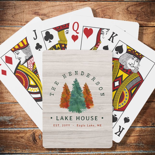 Family Name Lake House Pine Tree wood Personalized Poker Cards (Creator Uploaded)