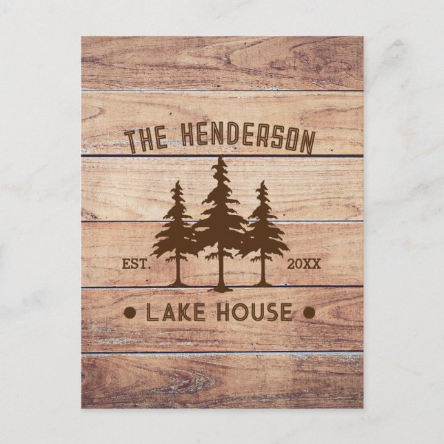 Family Name Lake House Pine Tree wood Personalized Postcard (Front)