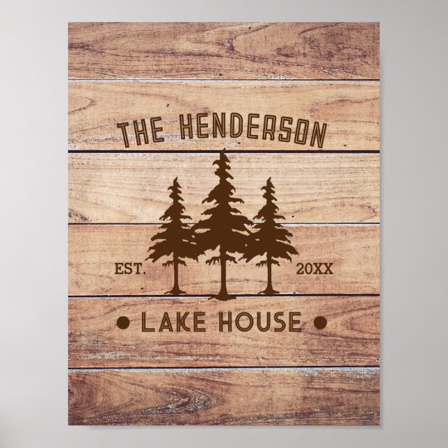 Family Name Lake House Pine Tree wood Personalized Poster (Front)
