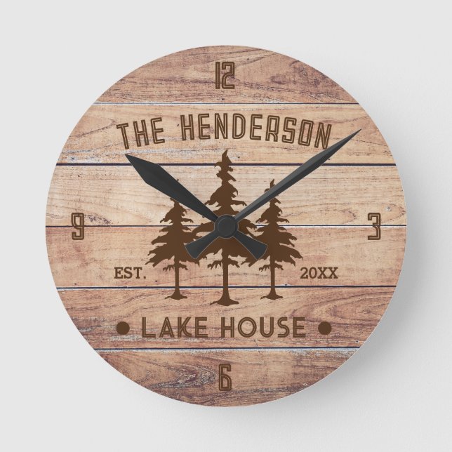 Family Name Lake House Pine Tree wood Personalized Round Clock (Front)