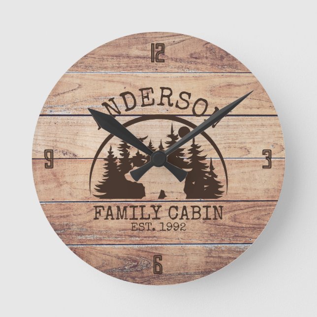 Family Name Lake House Pine Tree wood Personalized Round Clock (Front)