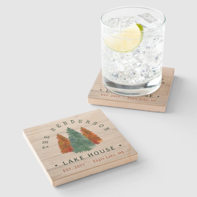 Family Name Lake House Pine Tree wood Personalized Stone Coaster (Side)