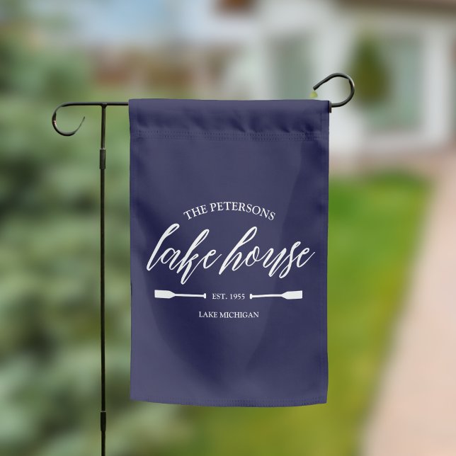 Family Name Lake House Rental Nautical Custom Garden Flag (Lake House Garden Flag Navy Blue Rustic Aesthetic Script Coastal Vacation Rental )