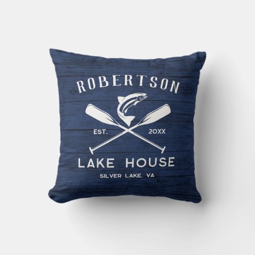 Family Name Lake House Rustic Blue Wood Throw Pillow