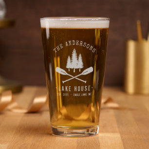 Family Name Lake House Rustic Boat Oars Pine Trees Pint Glass