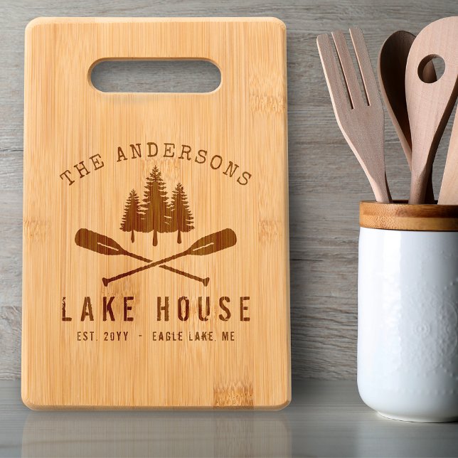 Family Name Lake House Rustic Boat Oars Trees Engraved Cutting Board (The front is for décor, use the back to cut on. 3 sizes to choose from.)