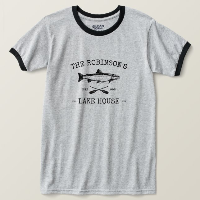 Family Name Lake House Rustic Fish Oars Black Trim T-Shirt (Design Front)