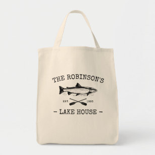 Family Name Lake House Rustic Fish Oars Reusable Tote Bag