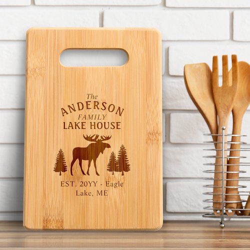 Family Name Lake House Rustic Moose Trees Cutting Board