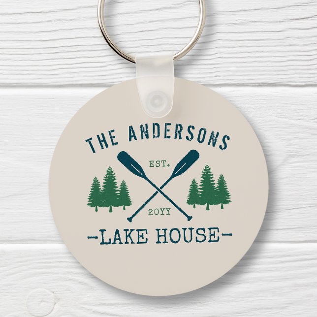 Family Name Lake House Rustic Oars Pine Tree Round Keychain (Creator Uploaded)