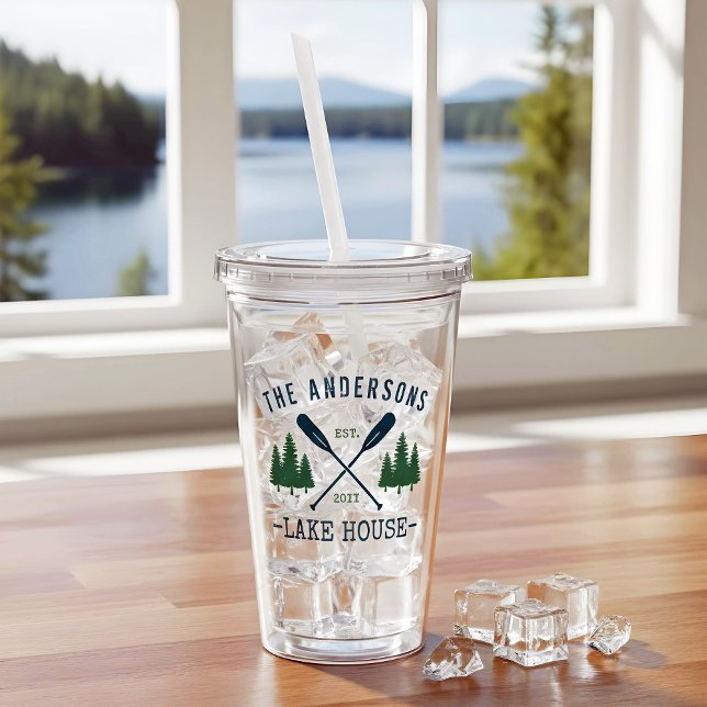 Family Name Lake House Rustic Oars Pine Trees Acrylic Tumbler (Creator Uploaded)