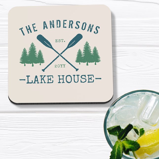 Family Name Lake House Rustic Oars Pine Trees Beverage Coaster (Creator Uploaded)