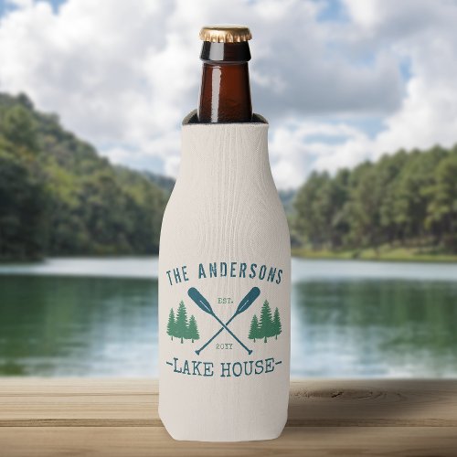 Family Name Lake House Rustic Oars Pine Trees Bottle Cooler