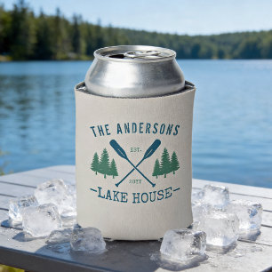Family Name Lake House Rustic Oars Pine Trees Can Cooler
