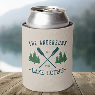 Family Name Lake House Rustic Oars Pine Trees Can Cooler