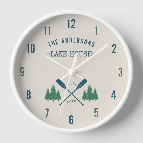 Family Name Lake House Rustic Oars Pine Trees Clock