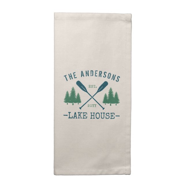 Family Name Lake House Rustic Oars Pine Trees Cloth Napkin (Half Fold)