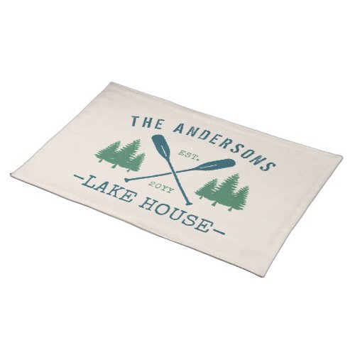 Family Name Lake House Rustic Oars Pine Trees Cloth Placemat