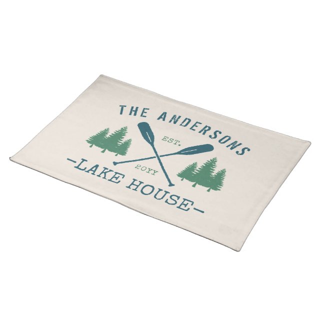 Family Name Lake House Rustic Oars Pine Trees Cloth Placemat (On Table)