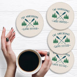 Family Name Lake House Rustic Oars Pine Trees Coaster Set<br><div class="desc">Personalize your family lake house with a beautiful, rustic themed 4 piece acrylic coaster set, featuring your family name and lake house, cabin, cottage or other desired text and its established date, all in rustic style typography. This unique, custom design features teal blue boat oars, paddles and pine trees in...</div>