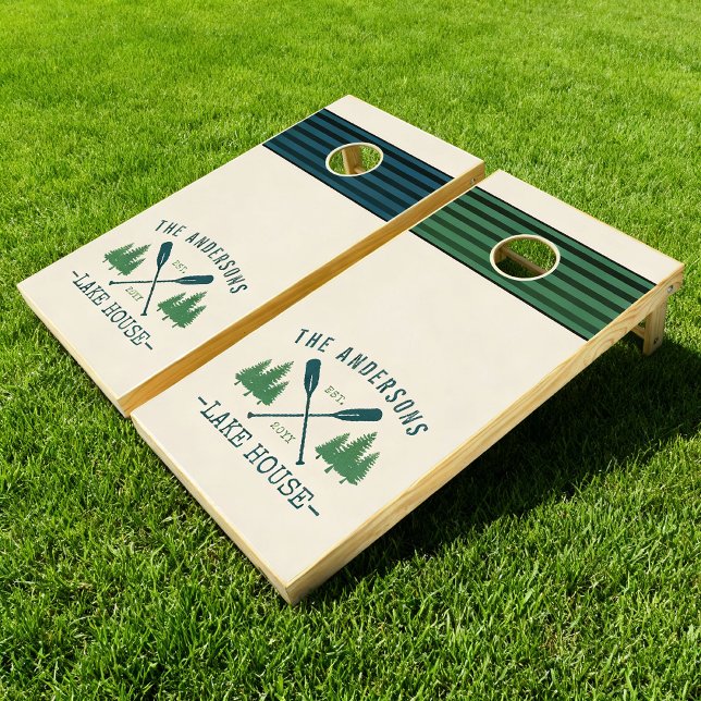 Family Name Lake House Rustic Oars Pine Trees Cornhole Set (Creator Uploaded)